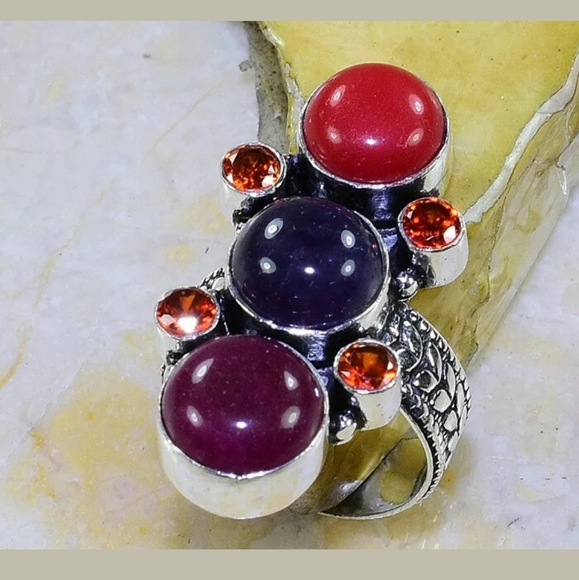 New Cherry Ruby, Amethyst, Coral & Garnet 925 Silver Ring - Picture 5 of 8